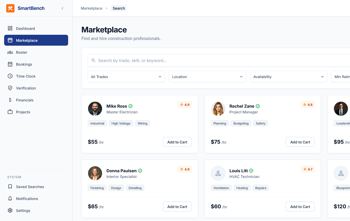 SmartBench Marketplace Screen