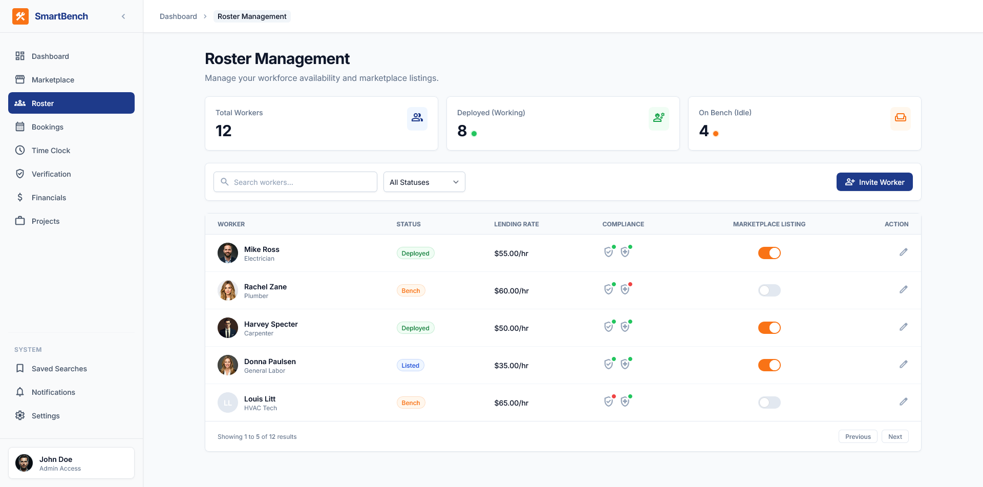 SmartBench Roster Screen